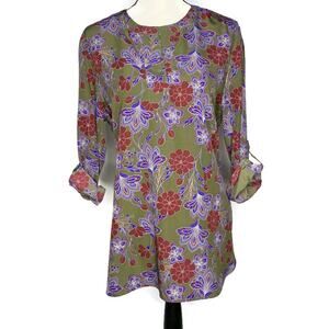 Joe Fresh Top Women's Large Pullover Adjustable 3/4 Sleeves Green Red Blue